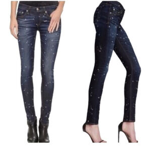𝅺RAG & BONE Blue White Dark Rinse Andfield Splatter Paint Skinny Jeans Size 26